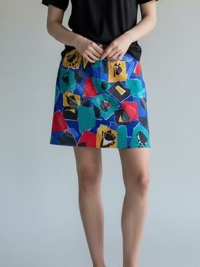 Vintage Linda Segel 80s Shiny Geometric High Waisted Mini Skirt